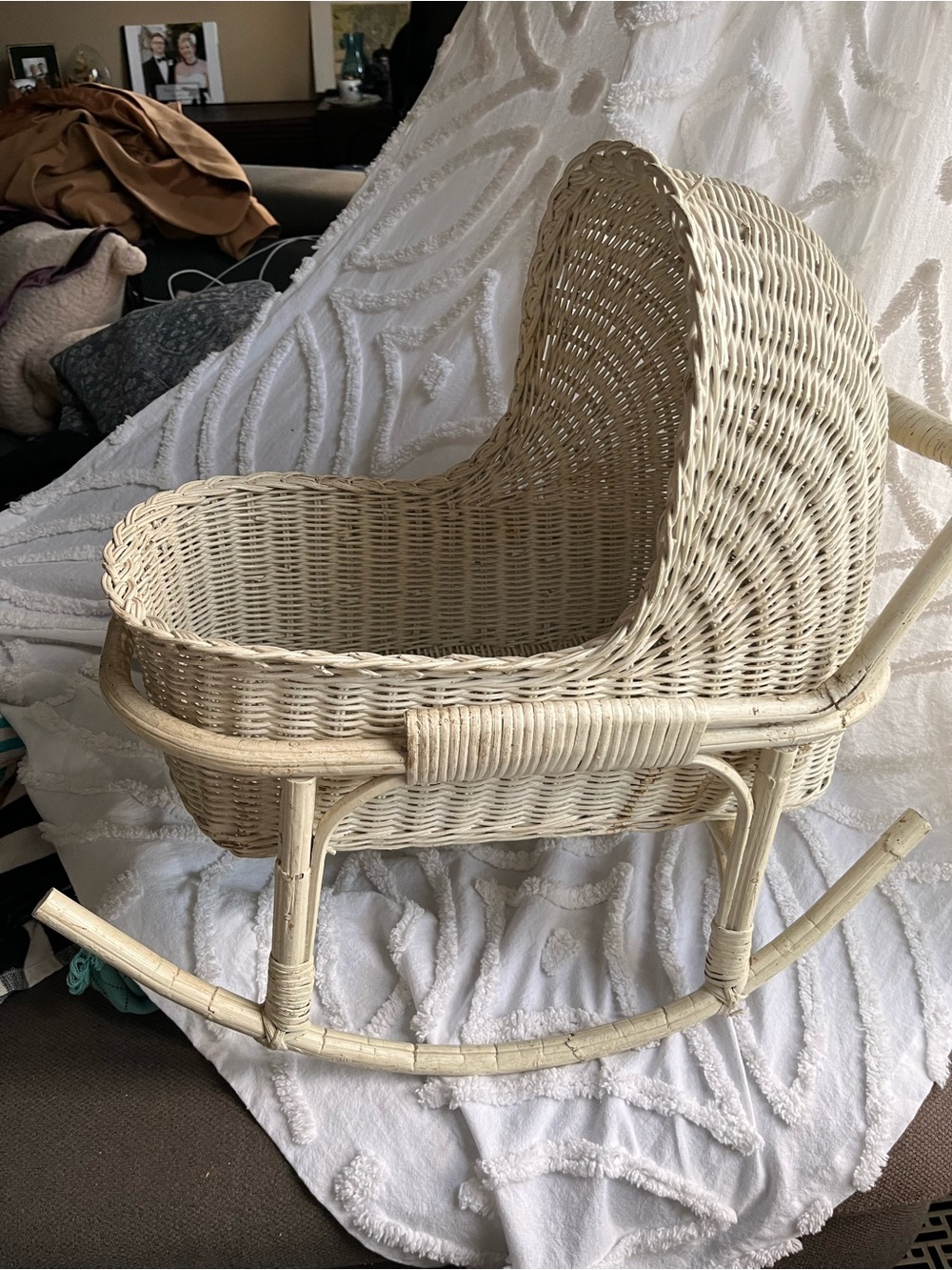 2 Part Vintage Wicker Doll Bassinet in Cream